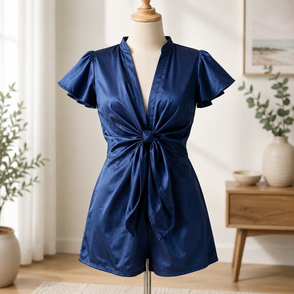 NWT Cupshe Satin Tie Front Romper Women Large Navy Blue V-Neck Flutter Sleeve